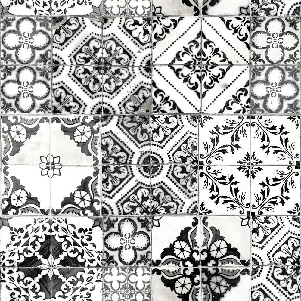 Mediterranean Tile Peel and Stick Wallpaper Peel and Stick Wallpaper RoomMates Roll Black 