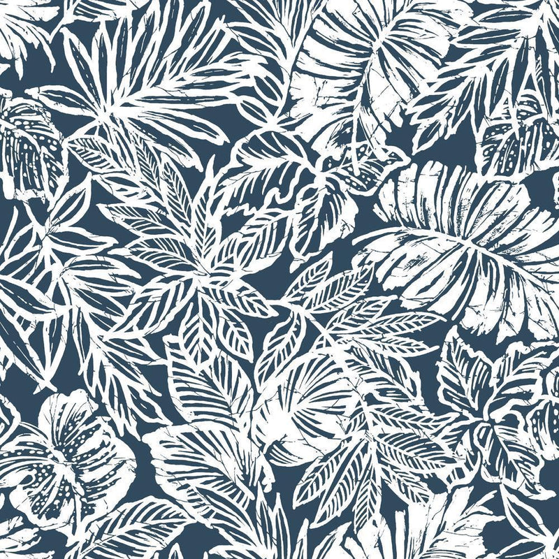 Batik Tropical Leaf Peel and Stick Wallpaper Peel and Stick Wallpaper RoomMates Roll Blue 