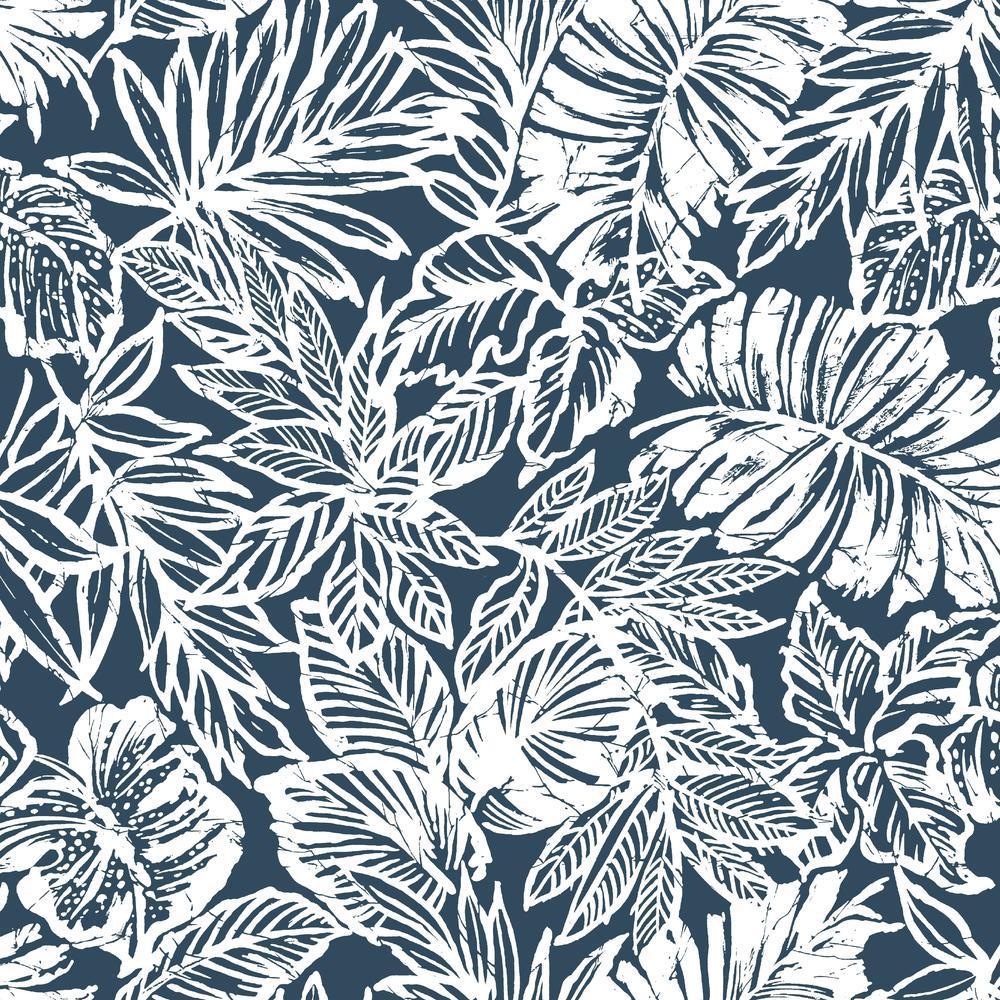 Batik Tropical Leaf Peel and Stick Wallpaper Peel and Stick Wallpaper RoomMates Roll Blue 