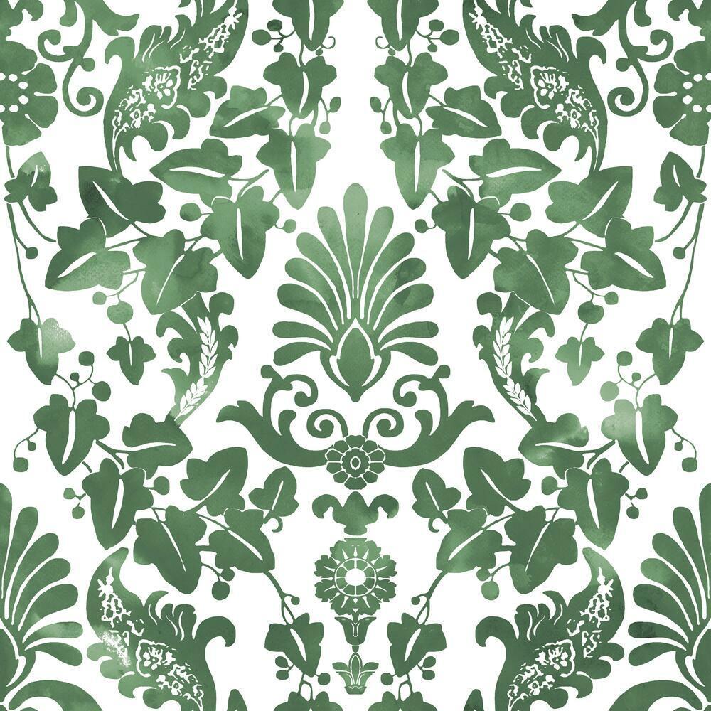 Vine Damask Peel and Stick Wallpaper Peel and Stick Wallpaper RoomMates Roll Green 