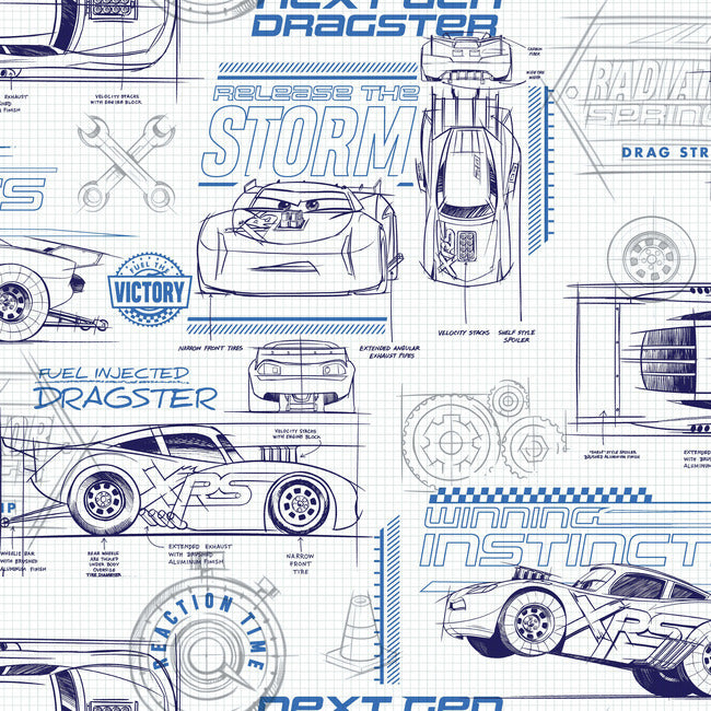 Disney and Pixar Cars Schematic Peel and Stick Wallpaper Peel and Stick Wallpaper RoomMates Roll Blue 