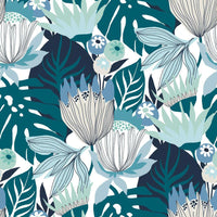 Retro Tropical Leaves Peel and Stick Wallpaper Peel and Stick Wallpaper RoomMates Roll Blue 