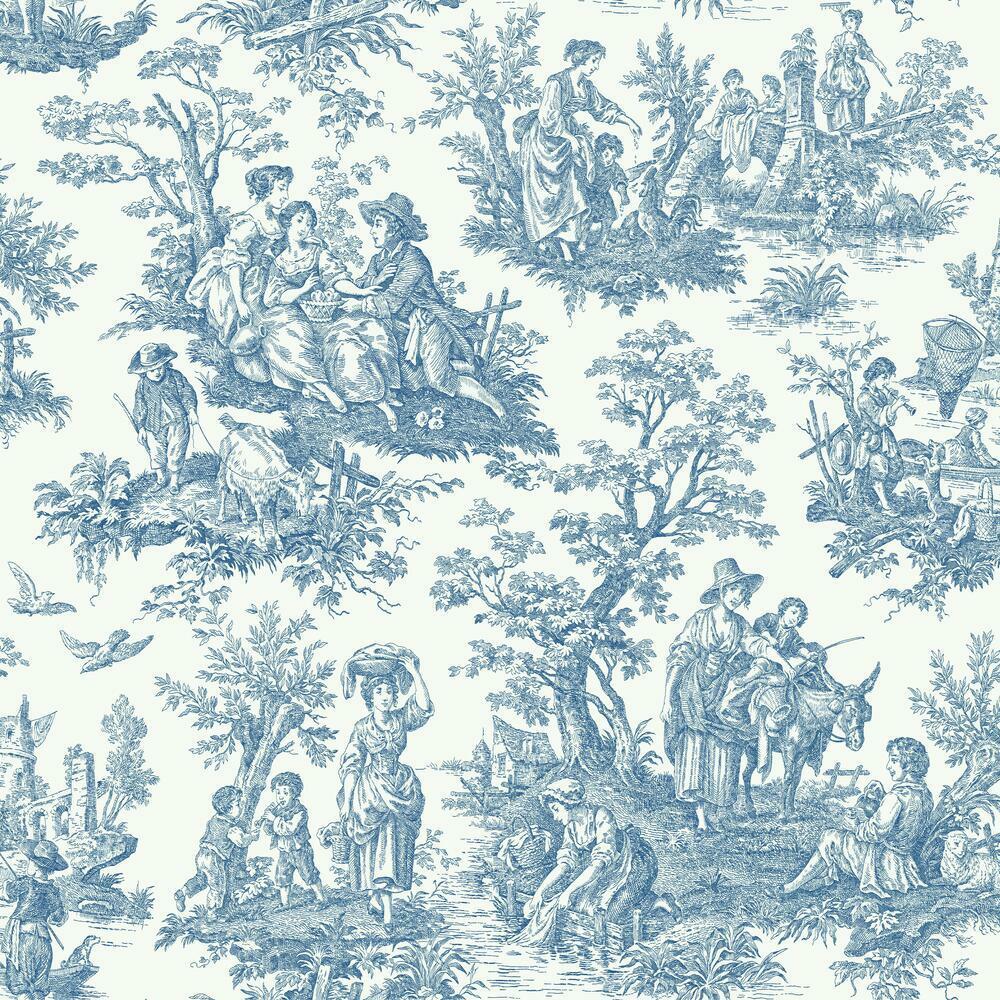 Waverly Country Life Toile Peel and Stick Wallpaper Peel and Stick Wallpaper RoomMates Roll Blue 