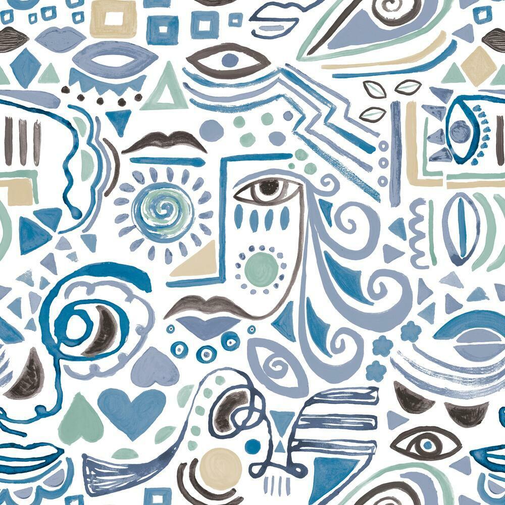 Mod Faces Peel & Stick Wallpaper Peel and Stick Wallpaper RoomMates Roll Blue 