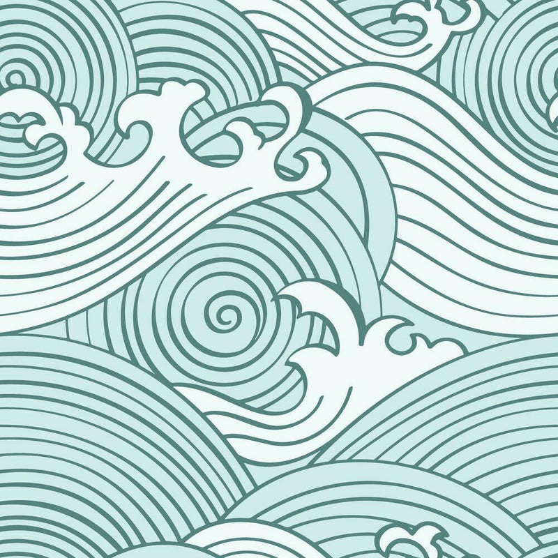 Asian Waves Peel & Stick Wallpaper Peel and Stick Wallpaper RoomMates Roll Teal 
