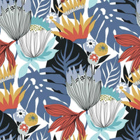Retro Tropical Leaves Peel and Stick Wallpaper Peel and Stick Wallpaper RoomMates Roll Periwinkle 