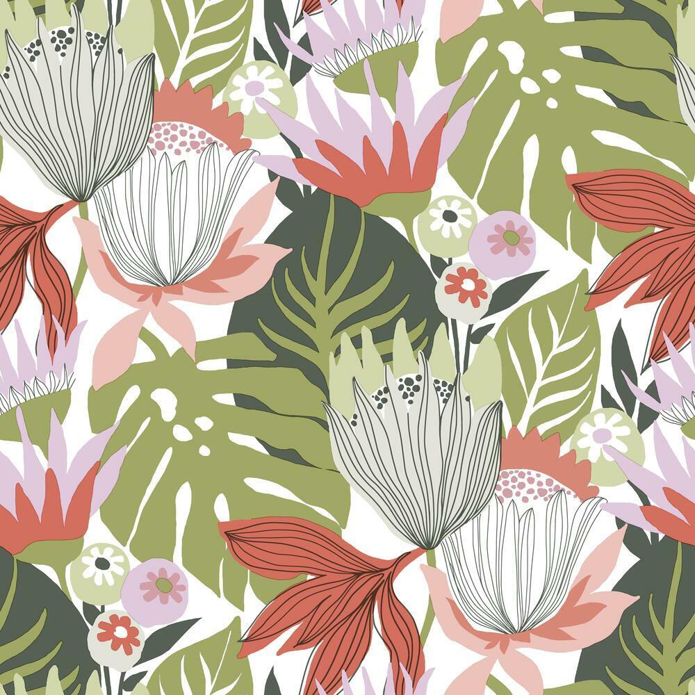Retro Tropical Leaves Peel and Stick Wallpaper Peel and Stick Wallpaper RoomMates Roll Green 