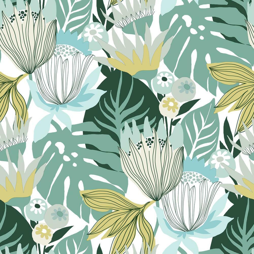 Retro Tropical Leaves Peel and Stick Wallpaper Peel and Stick Wallpaper RoomMates Roll Teal 