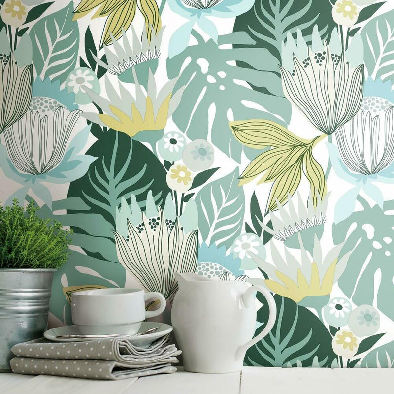Retro Tropical Leaves Peel and Stick Wallpaper Peel and Stick Wallpaper RoomMates   