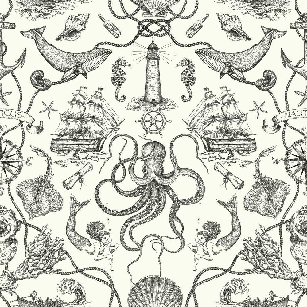 Deep Sea Toile Peel and Stick Wallpaper Peel and Stick Wallpaper RoomMates Roll Black 