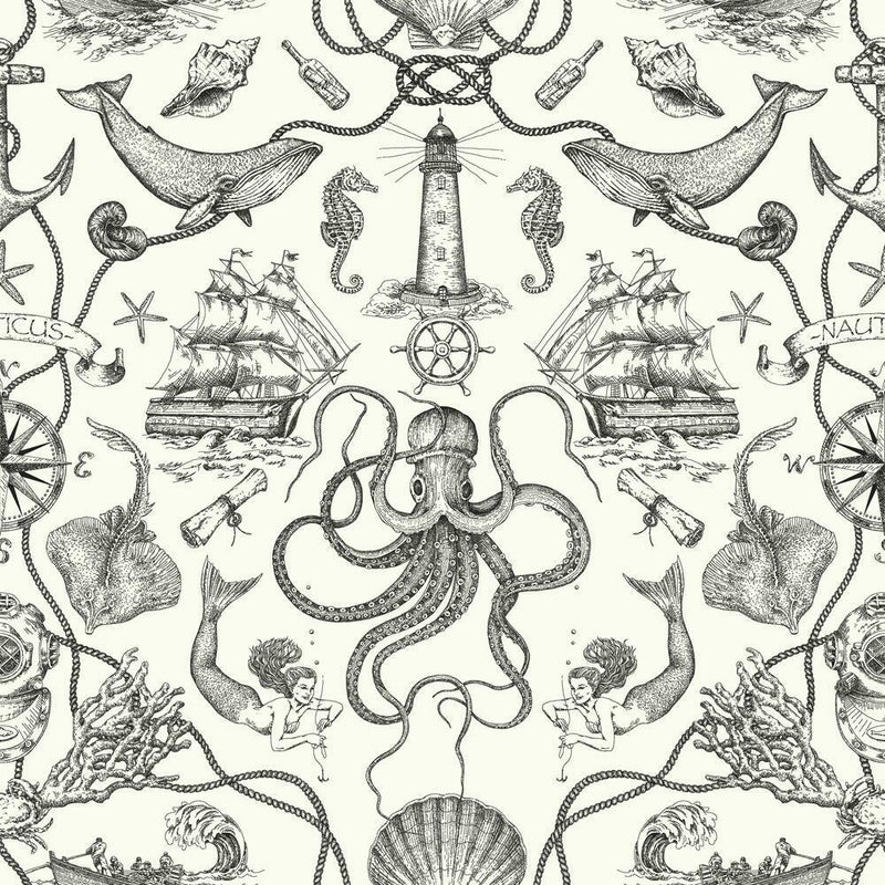 Deep Sea Toile Peel and Stick Wallpaper Peel and Stick Wallpaper RoomMates Roll Black 