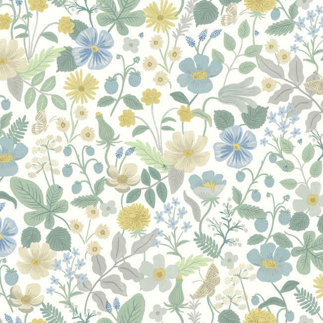 Strawberry Fields Wallpaper Wallpaper Rifle Paper Co. Double Roll Blue & Green 