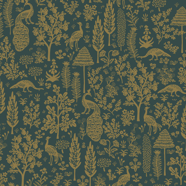 Menagerie Toile Wallpaper Wallpaper Rifle Paper Co. Double Roll Emerald & Metallic Gold 
