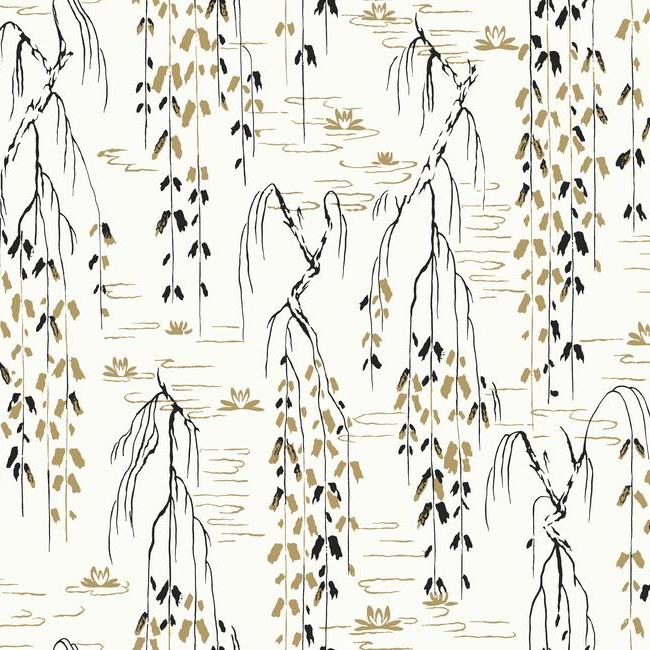 Willow Branches Wallpaper Wallpaper Ronald Redding Designs Double Roll White/Black/Gold 