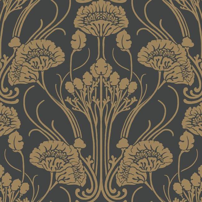 Nouveau Damask Wallpaper Wallpaper Antonina Vella Double Roll Black/Gold 