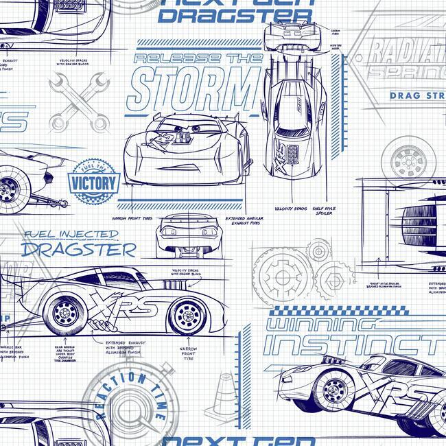 Disney and Pixar Cars Schematic Wallpaper Wallpaper York Double Roll Blue 