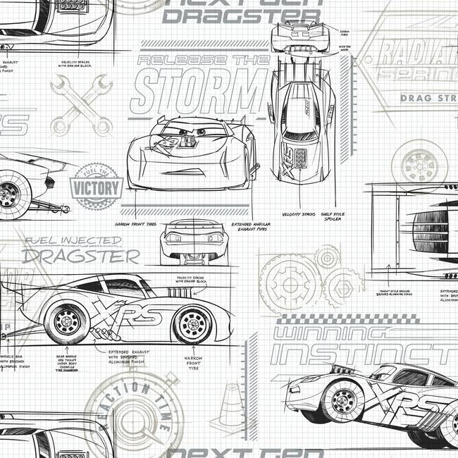 Disney and Pixar Cars Schematic Wallpaper Wallpaper York Double Roll Neutrals 