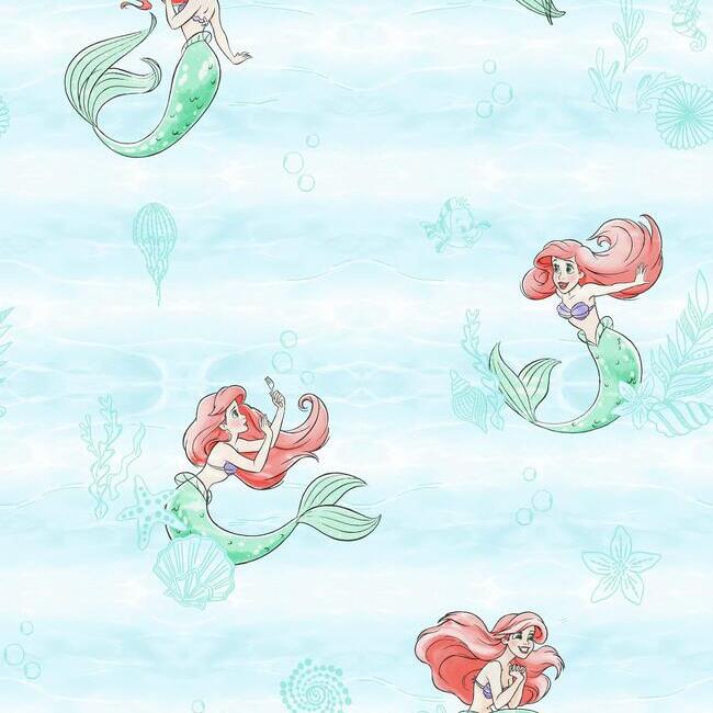Disney The Little Mermaid Swim Wallpaper Wallpaper York Double Roll Teal with Ariel 