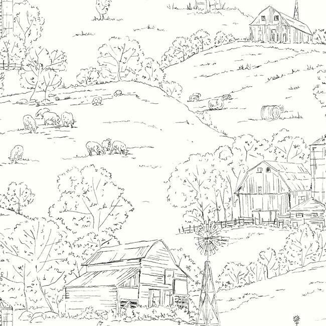 Pasture Toile Wallpaper Wallpaper York Double Roll Black/White 