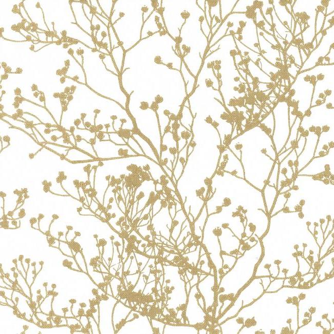 Budding Branch Silhouette Wallpaper Wallpaper Ronald Redding Designs Double Roll White/Gold 