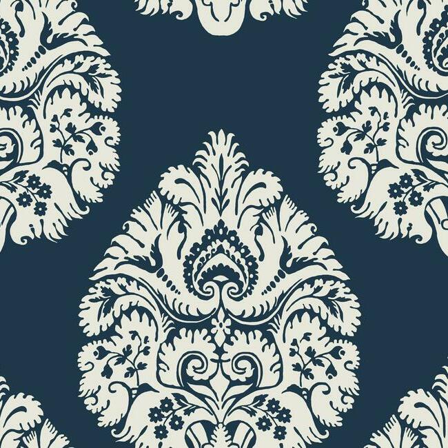 Teardrop Damask Wallpaper Wallpaper Ronald Redding Designs Double Roll Navy 
