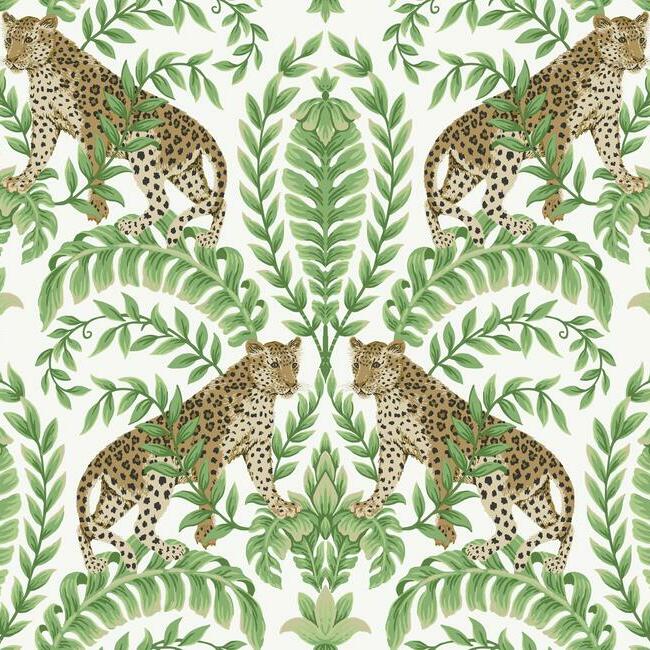Jungle Leopard Wallpaper Wallpaper Ronald Redding Designs Double Roll White/Green 
