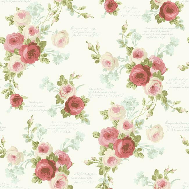 Heirloom Rose Wallpaper Wallpaper Magnolia Home Double Roll Coral/Light Blue 