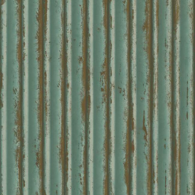Weathered Metal Wallpaper Wallpaper York Double Roll Teal/Gold 