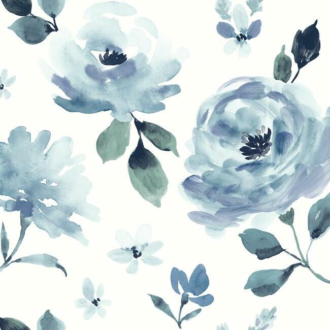 Watercolor Blooms Premium Peel + Stick Wallpaper Peel and Stick Wallpaper York Roll Blue 