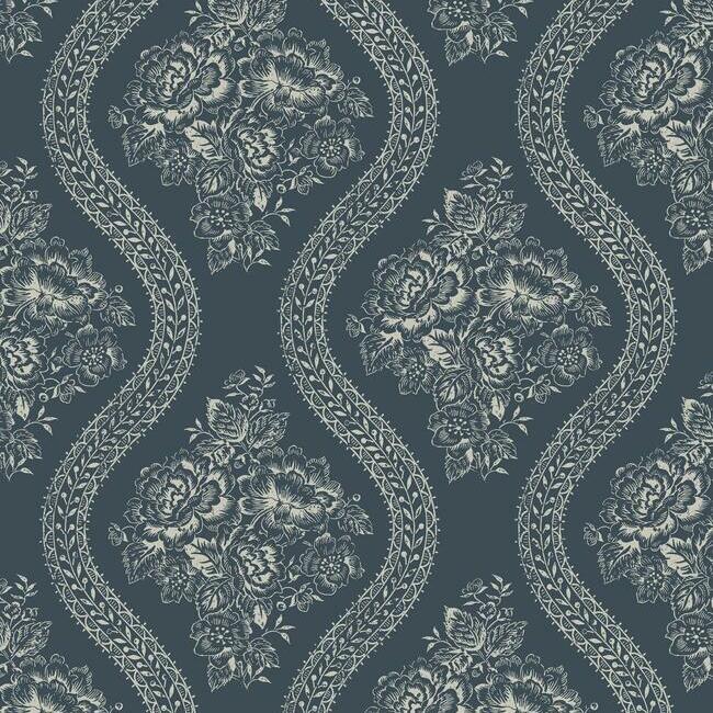 Coverlet Floral Premium Peel + Stick Wallpaper Peel and Stick Wallpaper Magnolia Home Roll Taupe On Navy 