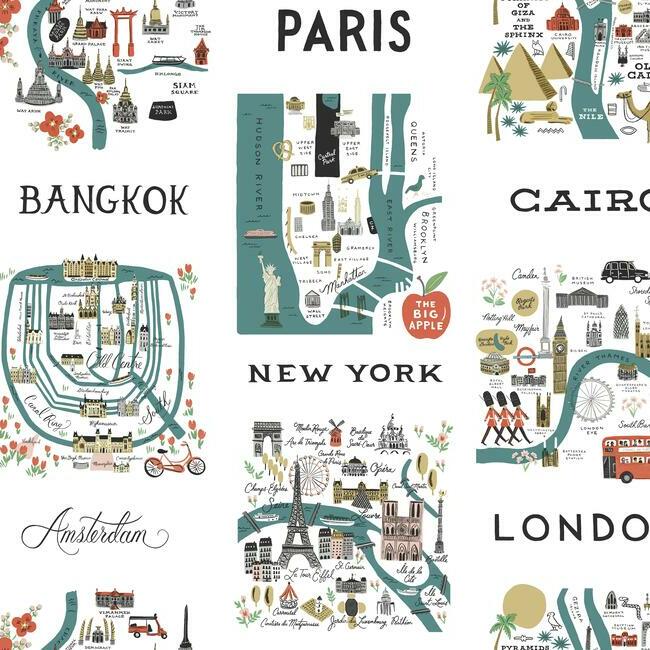 City Maps Premium Peel + Stick Wallpaper Peel and Stick Wallpaper Rifle Paper Co. Roll Blue & Red 