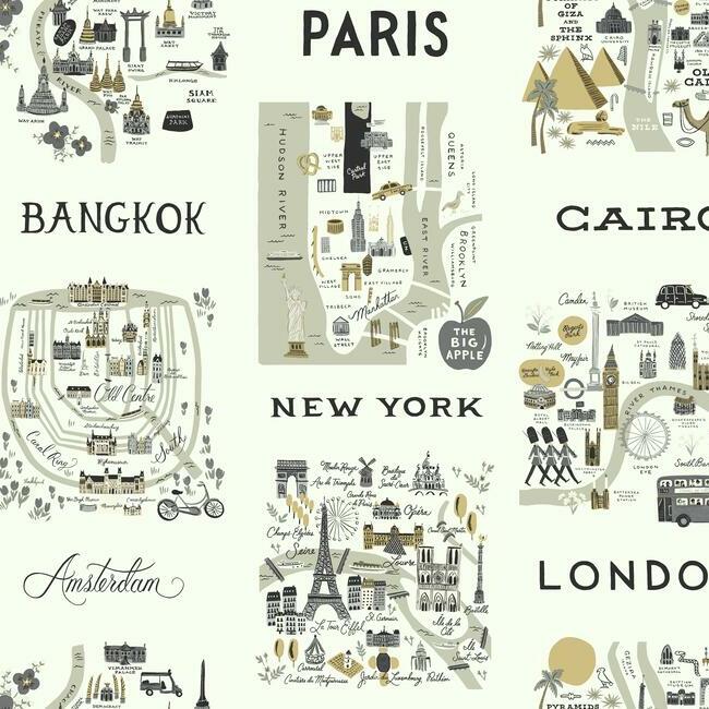 City Maps Wallpaper Wallpaper Rifle Paper Co. Double Roll Grey & Gold 