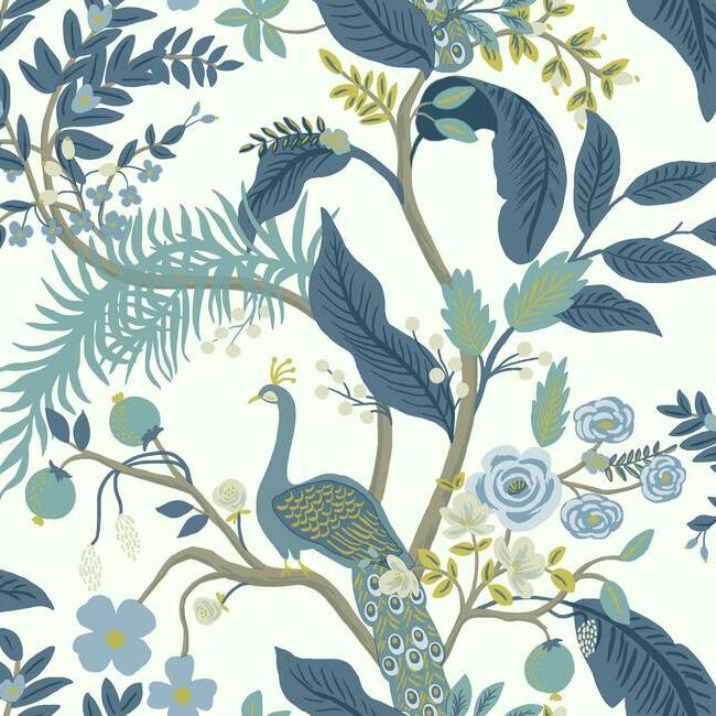 Peacock Wallpaper Wallpaper Rifle Paper Co. Double Roll Blue & White 