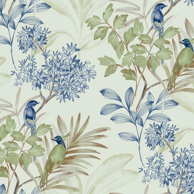 Handpainted Songbird Wallpaper Wallpaper York Double Roll Green/Blue 